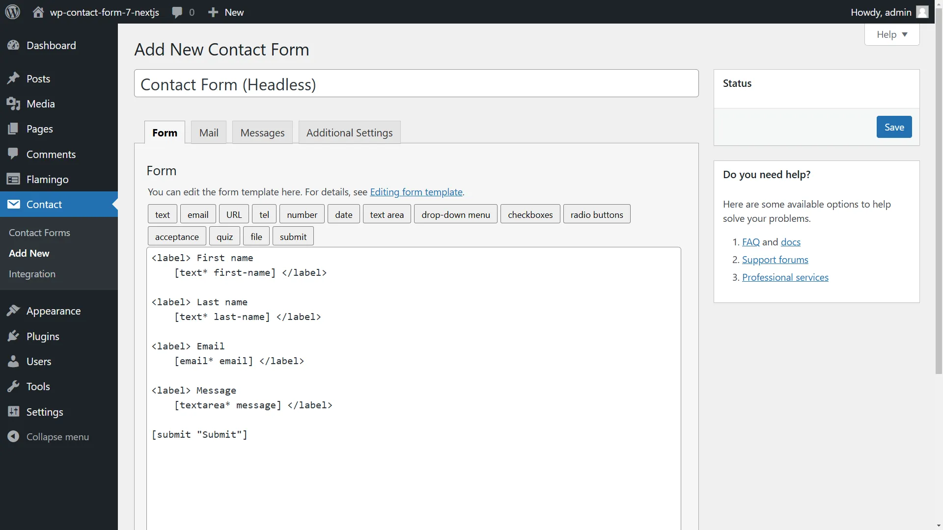 New form with first name, last name, email and message as fields